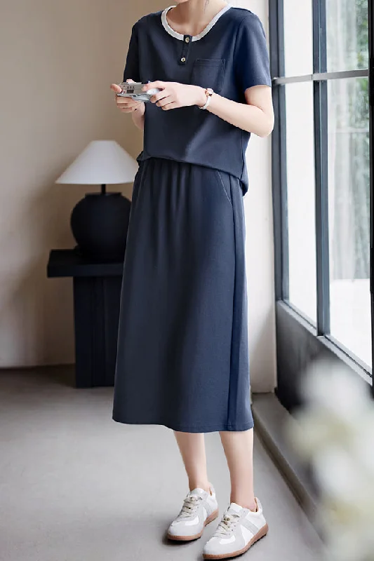 women's T-shirts with ribbed hemsTwo-Piece Set: Round Neck Button Decor Simple T-Shirt + Back Slit Straight Long Skirt