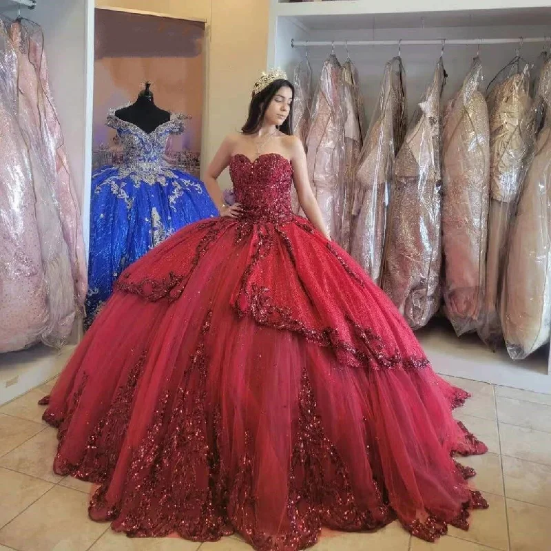 peplum party dressesRed New Quinceanera Dresses Sequined Beading Appliques Sweetheart Formal Party Princess Ball Gowns Vestidos De 15 Años