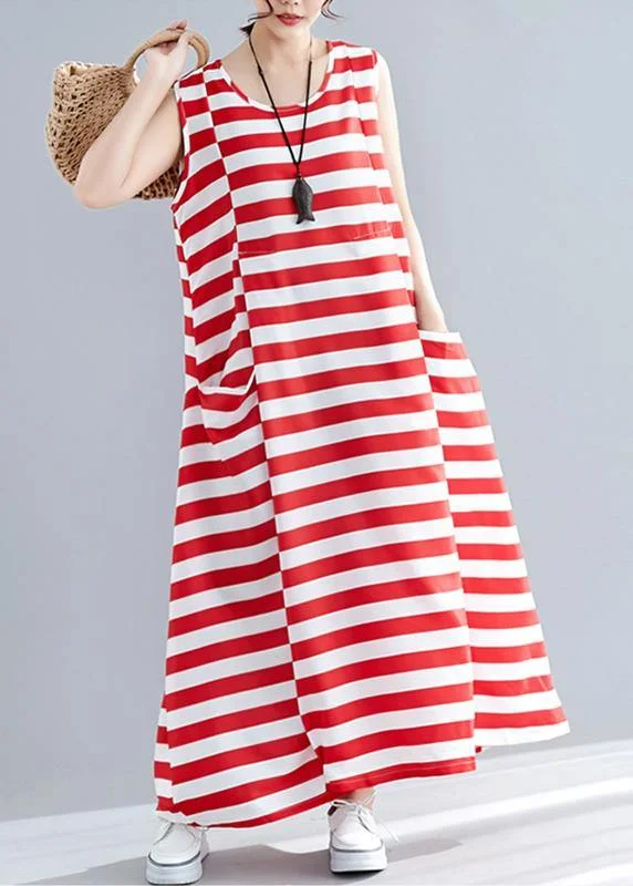 maxi dresses for black-tie eventsChic red striped cotton clothes Women sleeveless o neck pockets long summer Dress