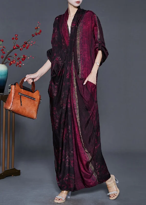 maxi dresses with sleevesFrench Black Red Asymmetrical Print Silk Long Dresses Spring