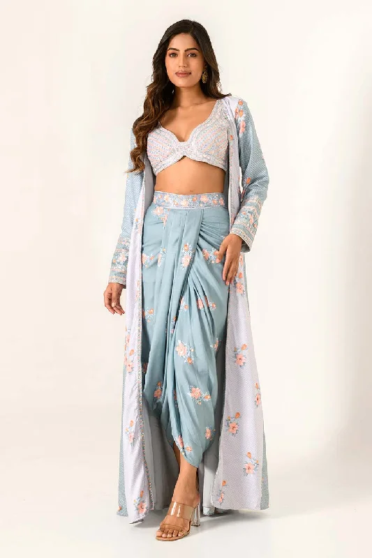 Underwire Padded BrasBlue Printed Bralette, Lungi & Cape Set