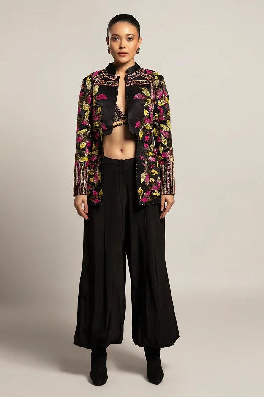 Support Underwire BrasBlack Tantalizing Embroidered Bralette & Jakcet with Pant Set