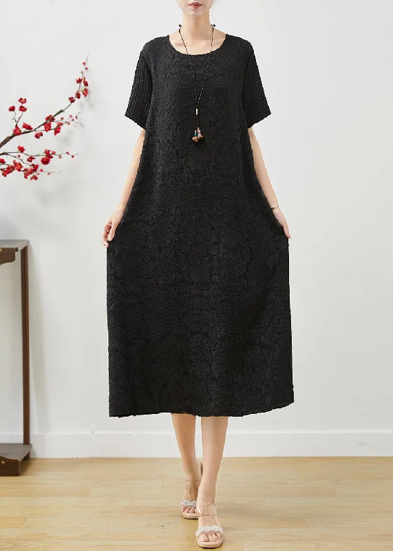 maxi dresses with low necklinesBlack Jacquard Cotton Long Dress Oversized Summer