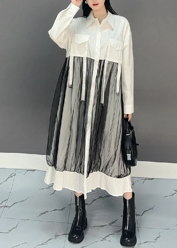 floral print maxi dressesChic White Peter Pan Collar Asymmetrical Patchwork Long Shirts Dress Spring