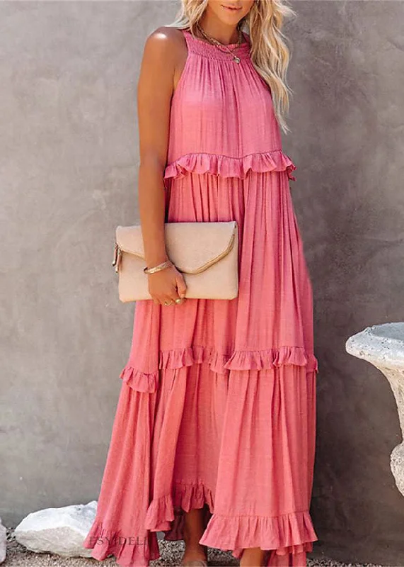 maxi dresses with thigh-high slitsNew Pink Ruffled Lace Up Cotton Long Dresses Sleeveless