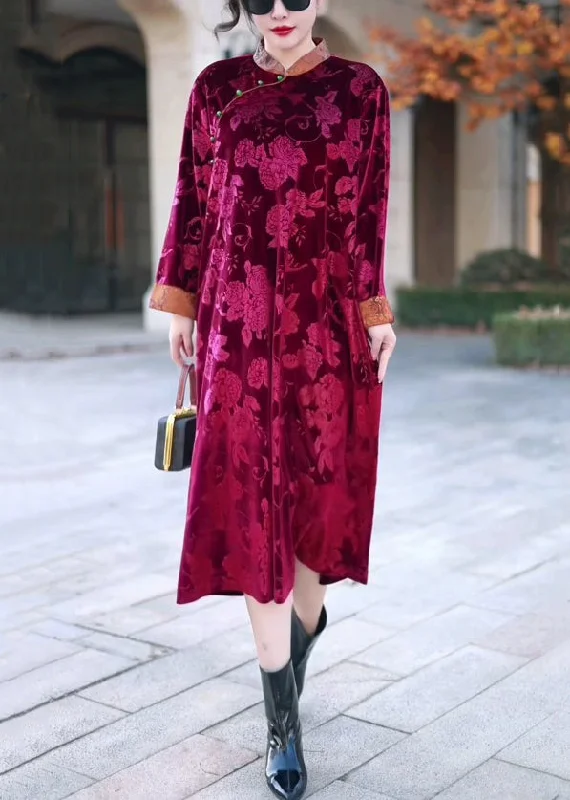 floral maxi dressesRed Button Patchwork Silk Velvet Long Dress Stand Collar Winter