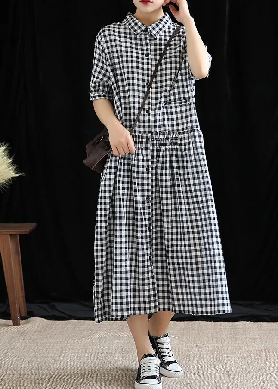 maxi dresses with embroidered patternsFrench black plaid linen Long Shirts lapel Cinched cotton robes Dress