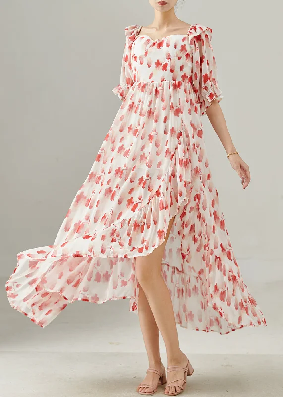 lace maxi dressesRed Print Chiffon Long Dresses Square Collar Summer