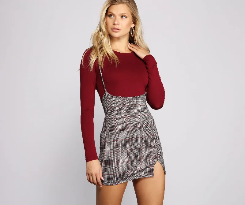 women's high-slit skirtsSassy Plaid Suspender Mini Skirt