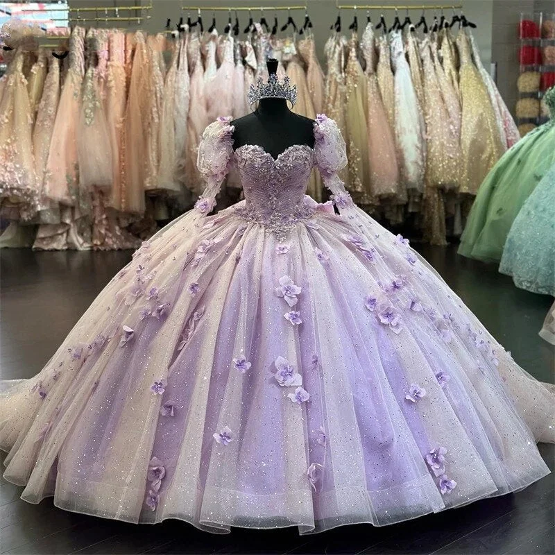 high-low party dressesPurple Flowers Quinceanera Dresses Bow Two Sleeves Appliques Crystal Sweet 15th Prom Party Gowns Luxury Vestidos