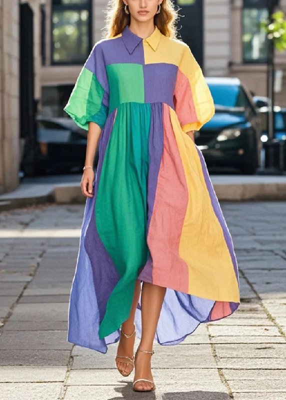 maxi dresses for day-to-night wearPlus Size Colorblock Asymmetrical Patchwork Cotton Long Dresses Spring