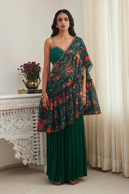 Racerback Wireless BrasGreen Pragan Printed Bralette, Shrug & Gharara Co-Ord Set