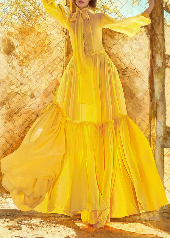 maxi dresses for mother of the brideStylish Yellow Lace Up Ruffled Patchwork Silk Long Dress Spring