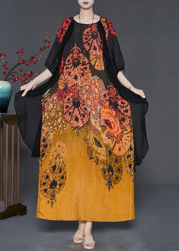 maxi dresses with pocketsElegant Gradient Color Print Patchwork Silk Long Dress Summer