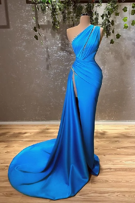 spaghetti-strap party dressesOcean Blue One Shoulder Evening Dress mermaid Long With Split