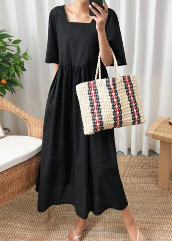 maxi dresses for special occasionsDIY black cotton linen Long Shirts v neck flare sleeve Art summer Dresses