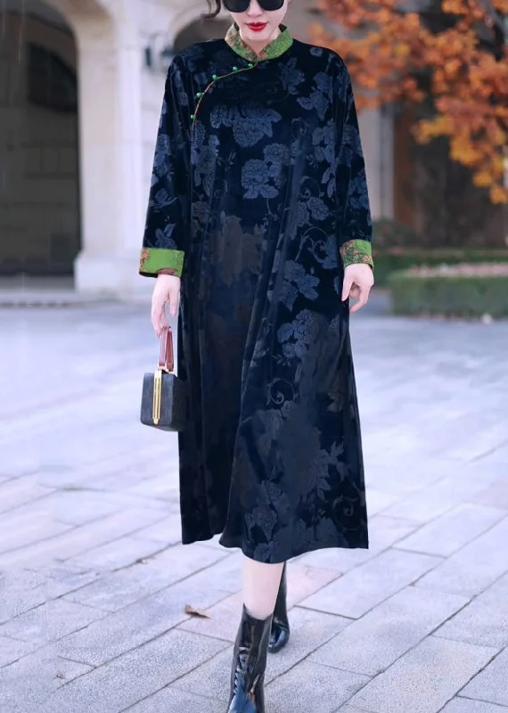 maxi dresses for womenElegant Black Stand Collar Print Silk Velvet Long Dress Winter