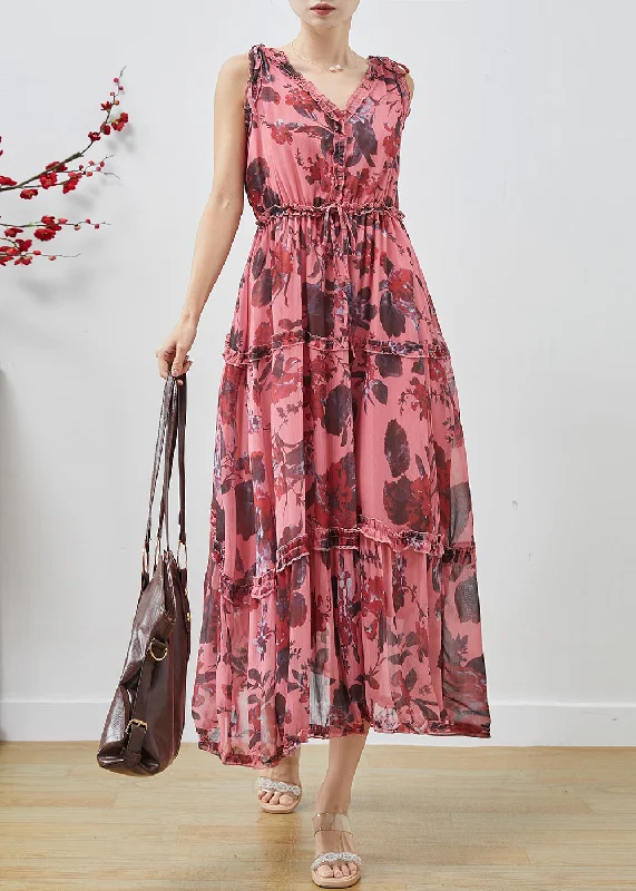 satin maxi dressesHandmade Red Ruffled Print Chiffon Long Dress Sleeveless