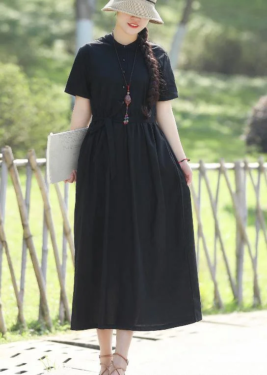 maxi dresses for cocktail parties100% black linen dresses tie waist long summer stand collar Dress