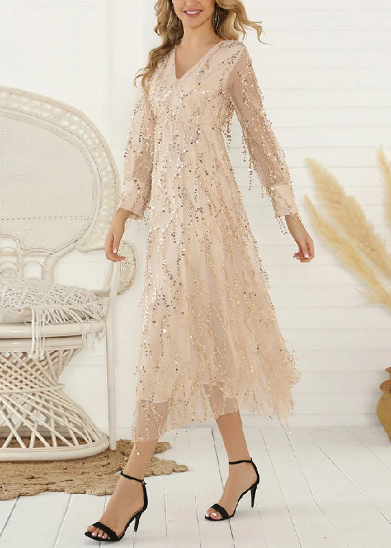 maxi dresses with sequined detailsStylish Apricot V Neck Sequins Tulle Long Dresses Spring