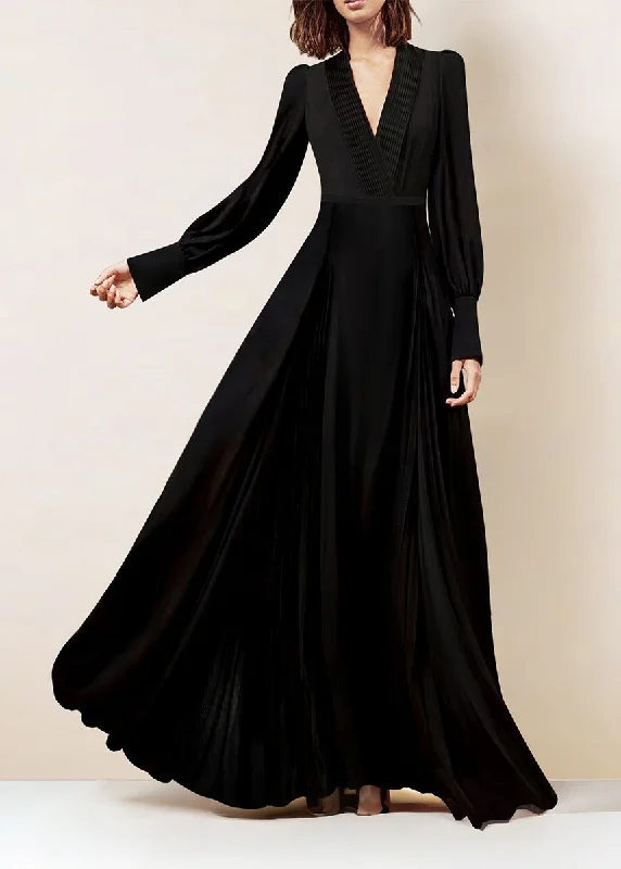 maxi dresses with keyhole backsArt Black V Neck Slim Fit Silk Long Dress Spring