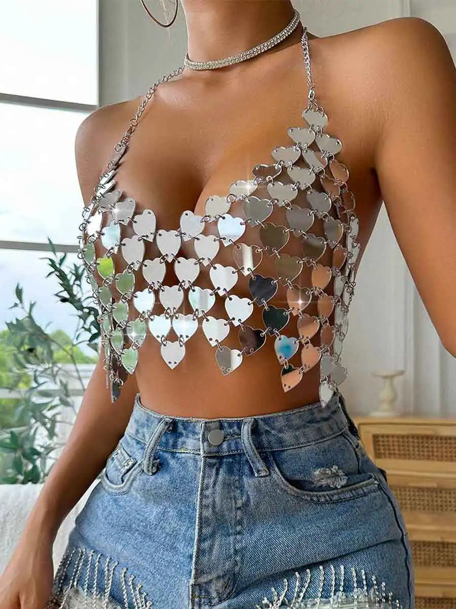 Adjustable High-Neck BrasSilver Sequin Bralette Top - Heart-Shaped Sparkly Top