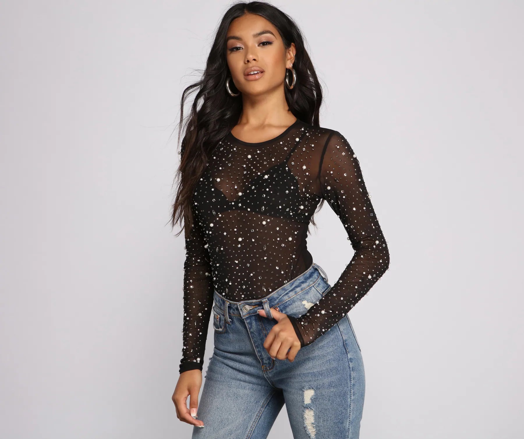 Glam Goals Mesh Rhinestone and Pearl Bodysuit