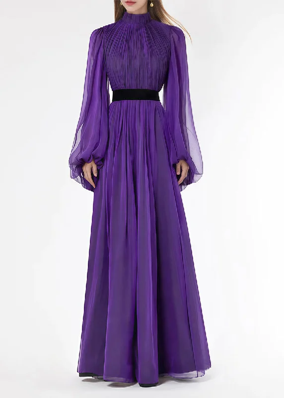 maxi dresses for special occasionsItalian Purple Stand Collar Wrinkled Silk Long Dresses Lantern Sleeve