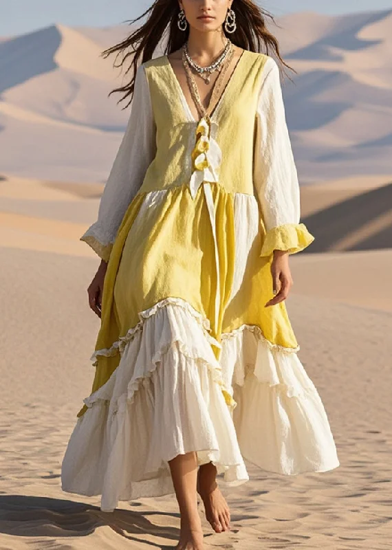 maxi dresses for pool partiesHandmade Yellow Ruffled Patchwork Cotton Long Dress Spring