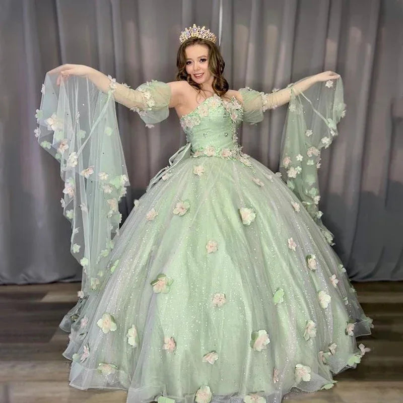 chiffon party dressesSage Green Sweet Princess Quinceanera Dress Bead Appliques 3D Flower Vestidos De 15 Birthday Party Graduation Ball Gown