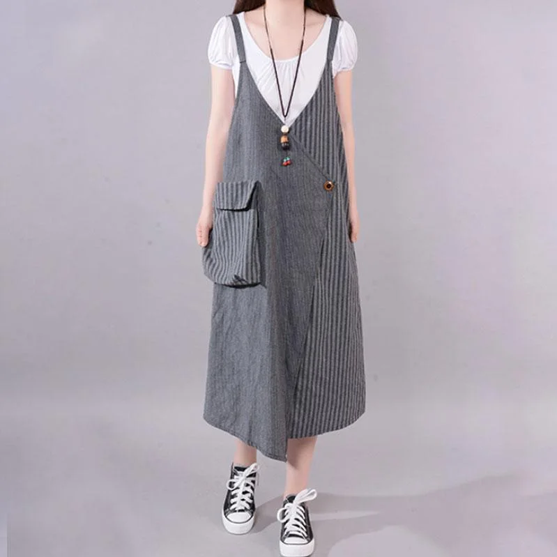 maxi dresses for plus-size bridesfashion long cotton blended dress Loose fitting Casual Summer Stripe Big Pocket Loose Suspender Gray Dress