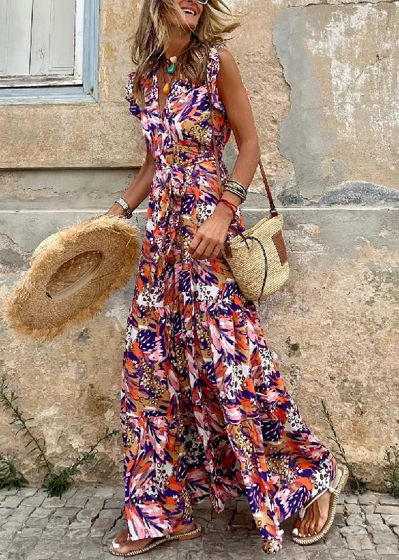 maxi dresses with cinched waistsBohemian Print Tie Waist Cotton Long Dress Sleeveless