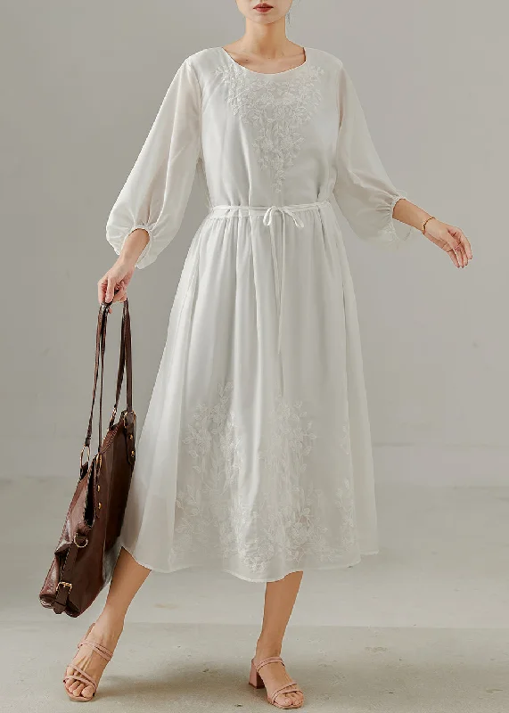 maxi dresses with built-in brasModern White Embroidered Cotton Long Dress Bracelet Sleeve