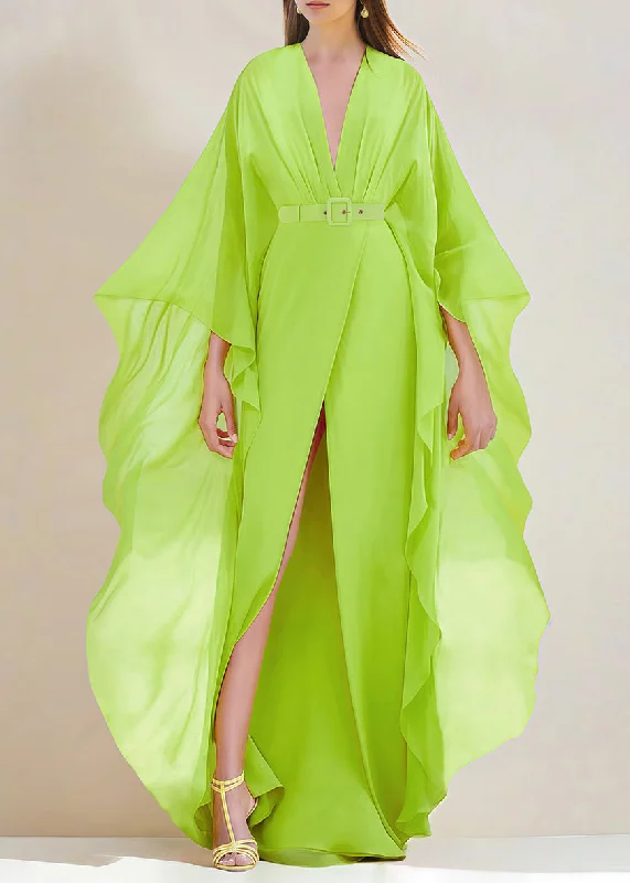 maxi dresses for girlsStylish Green V Neck Ruffled Front Open Silk Long Dress Spring