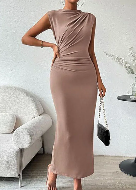 maxi dresses with back pocketsWomen Khaki O Neck Wrinkled Cotton Long Dresses Sleeveless