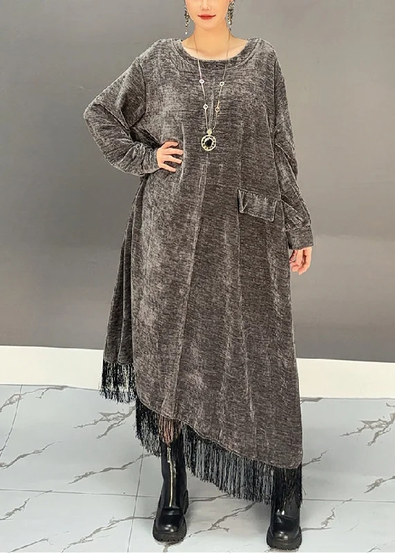 striped maxi dressesNovelty Dark Grey Asymmetrical Tassel Long Dress Spring