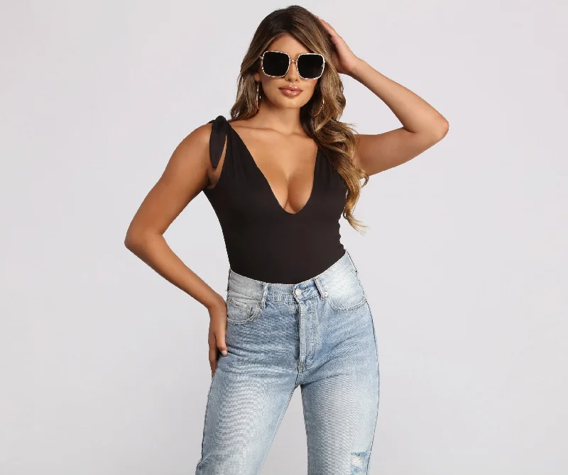 Plunging Tie Strap Basic Bodysuit