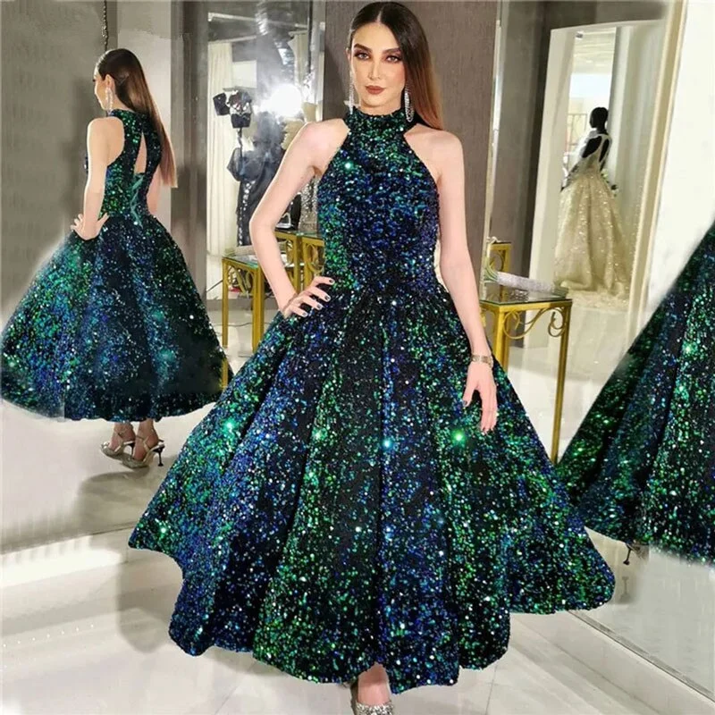 Halloween party dressesSexy Halter Sequin Party Night Evening Dresses Vestido De Noiva Robe De Soiree Vestido Novia Playa Formal A-line Prom Dresses,BG054