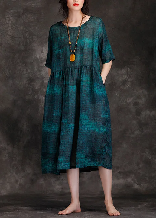 maxi dresses for garden partiesClassy o neck Cinched linen Robes plus size Photography blackish green long Dress Summer