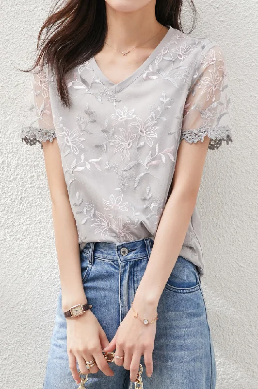 women's T-shirts with sequin embellishmentsV-neck Tulle Flower Embroidered T-shirt