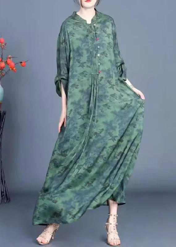 maxi dresses with sleevesNew Green Button Print Pockets Silk Long Dress Spring