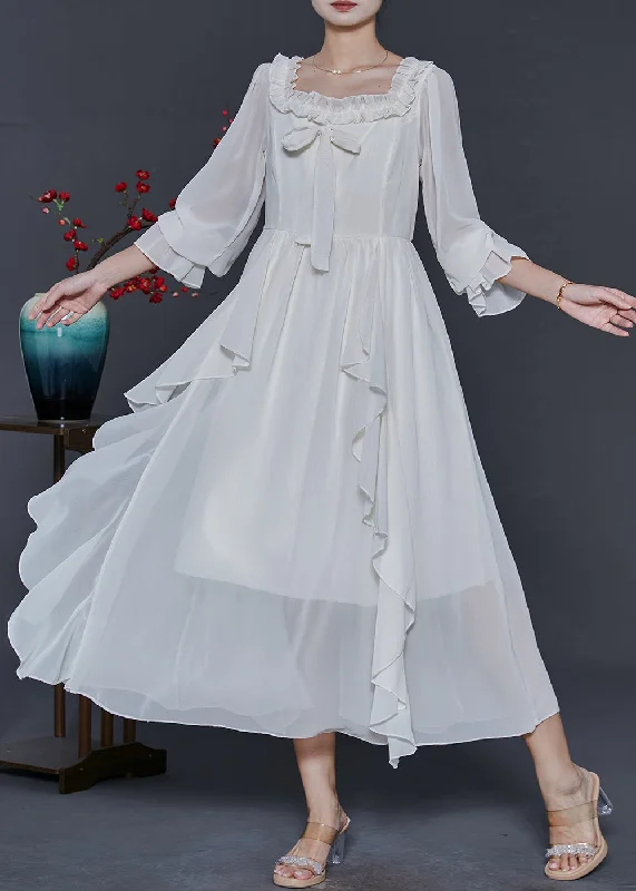 maxi dresses with high necklinesStyle White Square Collar Ruffled Chiffon Long Dresses Spring