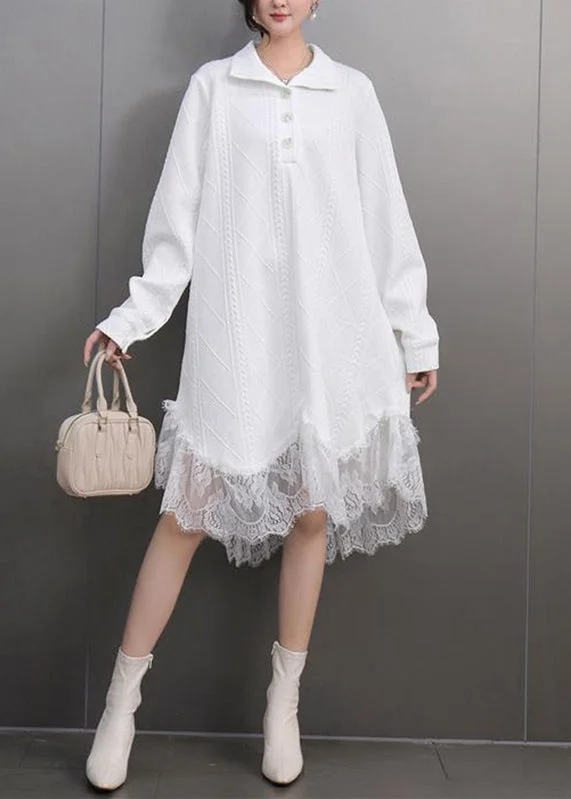 maxi dresses for warm weatherElegant White Peter Pan Collar Lace Patchwork Long Dresses Spring