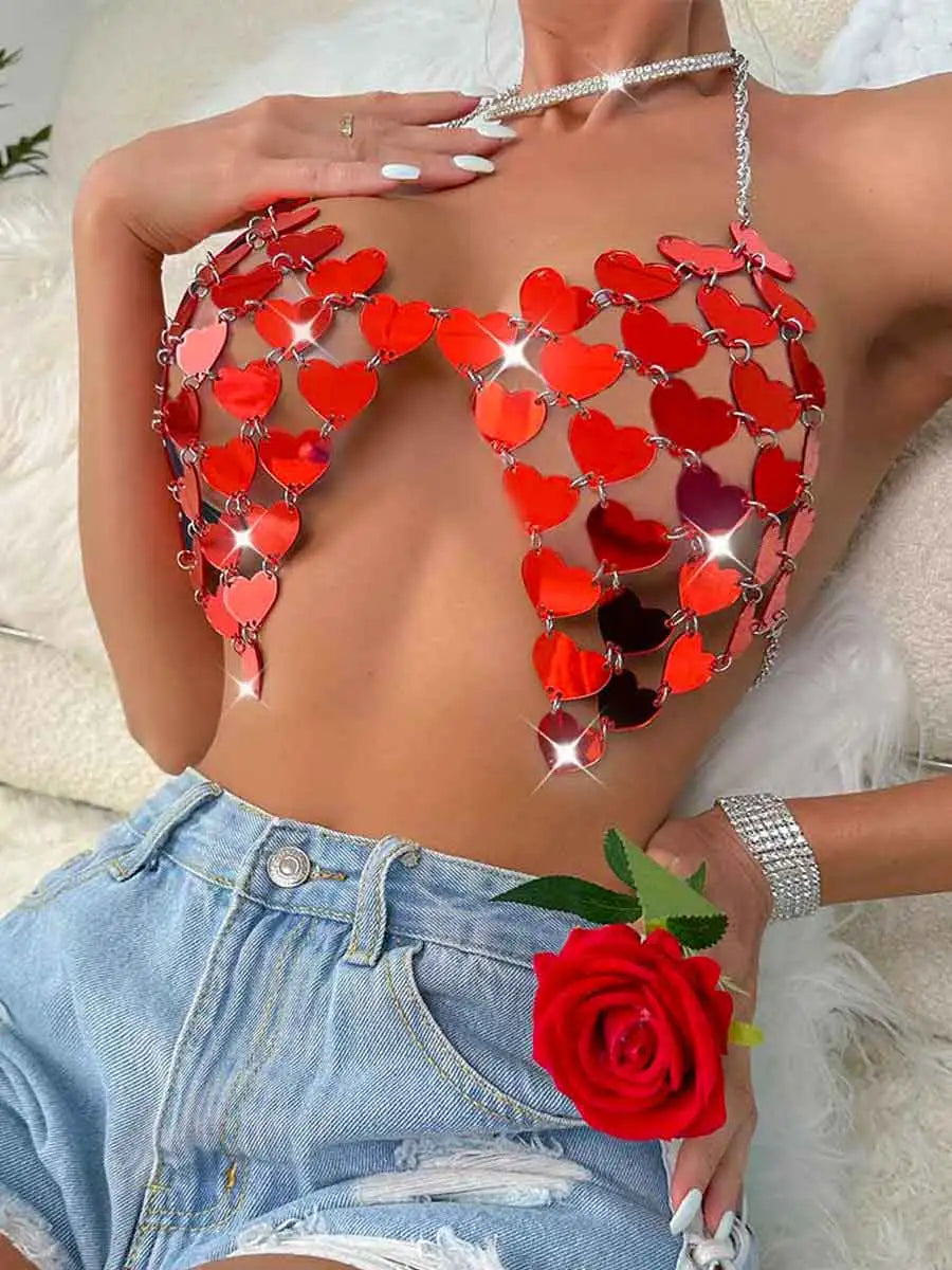 Backless Plunge BrasRed Sequin Bra - Heart Sequin Bralette Backless Top