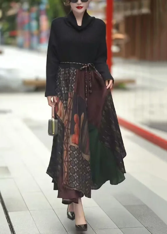 maxi dresses for partiesItalian Black Print Knit Patchwork Long Dress Winter