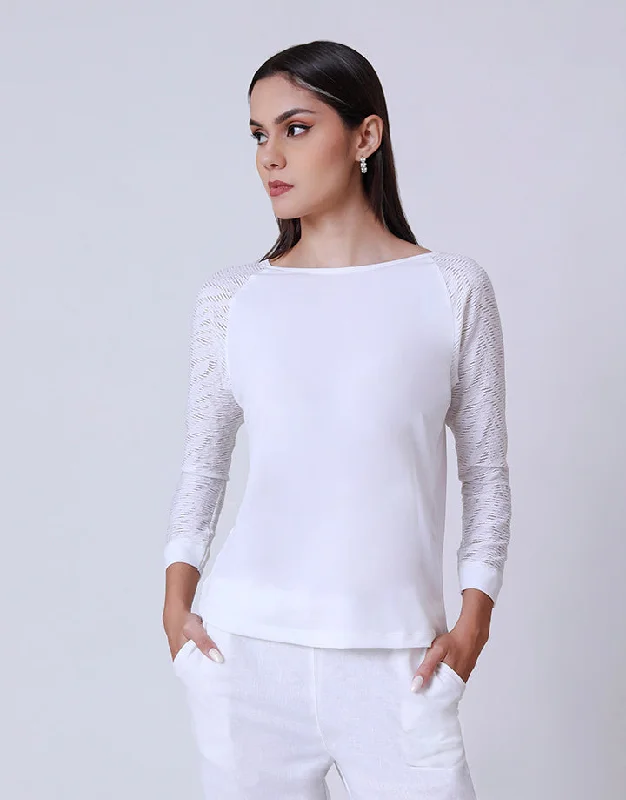 women's T-shirts with peplum hemsWhite Lace Sleeves T-Shirt