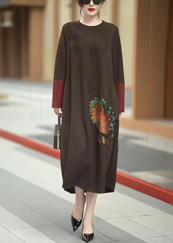 affordable maxi dressesNew Coffee O Neck Patchwork Knit Long Dress Winter