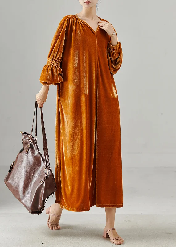 maxi dresses for mother of the groomHandmade Orange Oversized Silk Velvet Long Dresses Lantern Sleeve