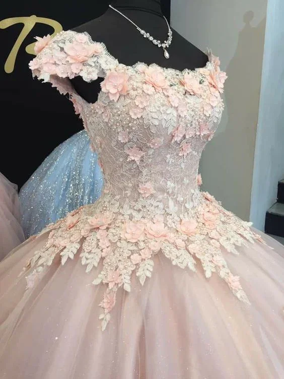 off-the-shoulder party dressesPink Long Sweet 16 Dress Evening Party Celebrity Gown Ball Gown With Flowers Cap Sleeves