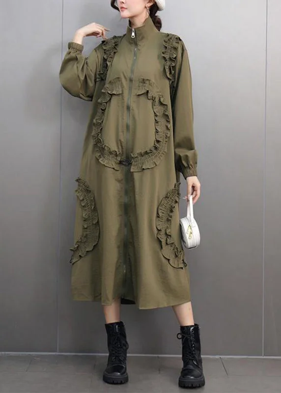 solid color maxi dressesUnique Army Green Ruffled Patchwork Zippered Long Dresses Spring